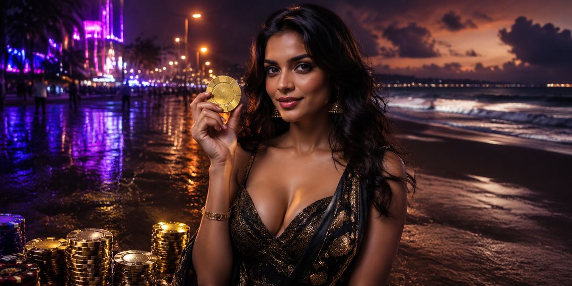 Nighttime view of Marina Beach with neon betting advertisements in Chennai