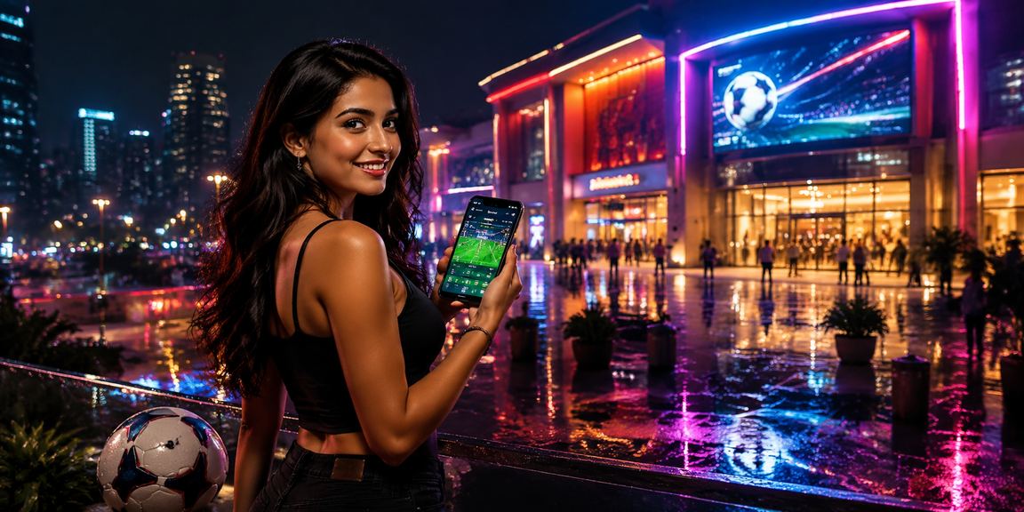 A colorful neon lit area in Delhi where people are placing football bets and managing their online payments
