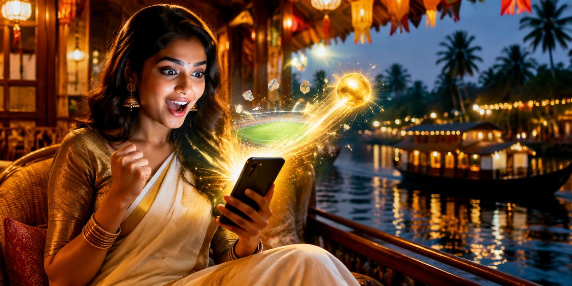 Night market in Kerala with people engaged on mobile devices for sports betting action