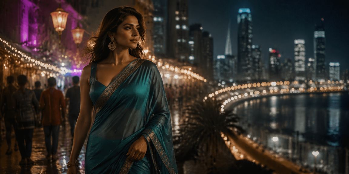 Evening cityscape with festive lighting and gaming banners in Bandra, Mumbai